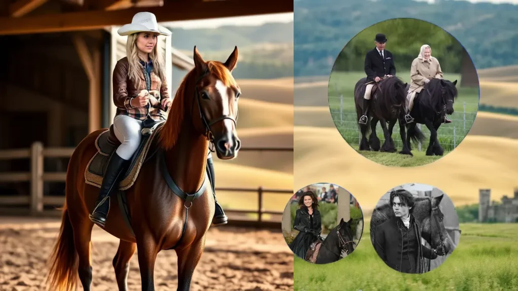 Amber Marshall riding her horse Hawk alongside portraits of other horse-loving celebrities
