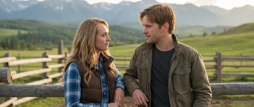 Young Ty Borden and Amy Fleming romantic moment on Heartland ranch. Actors Graham Wardle and Amber Marshall in early seasons before Season 14 death.
