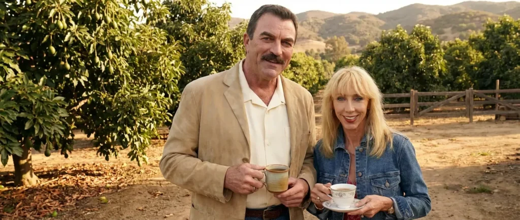 Tom Selleck and Jillie Mack standing outdoors on their Ventura County avocado ranch, holding cups of tea in natural light