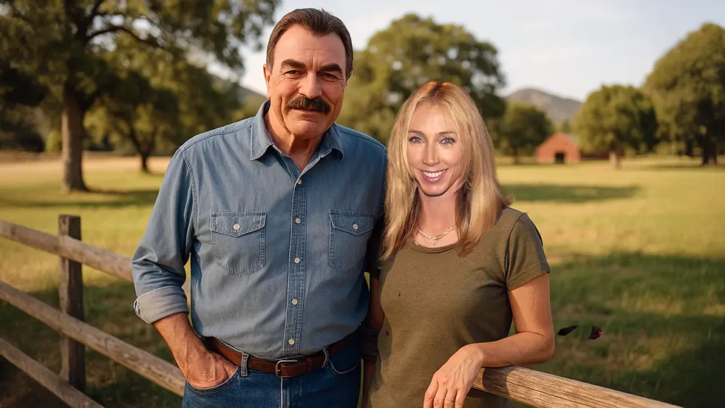 Tom Selleck and Jillie Mack standing together on their ranch in Ventura County, sharing a quiet, sunny afternoon outdoors