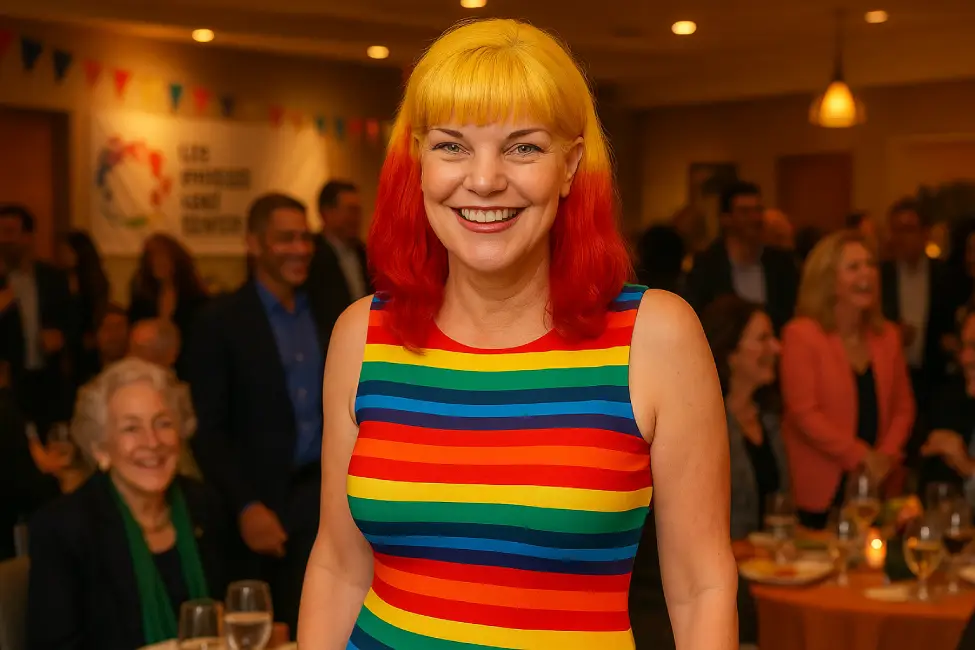 Pauley Perrette smiling at an LGBT event, wearing a rainbow-striped dress and vibrant yellow-red hair