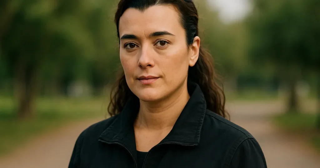Wide cinematic portrait of Ziva David from NCIS, standing outdoors in soft daylight, wearing a dark tactical jacket, confident expression.