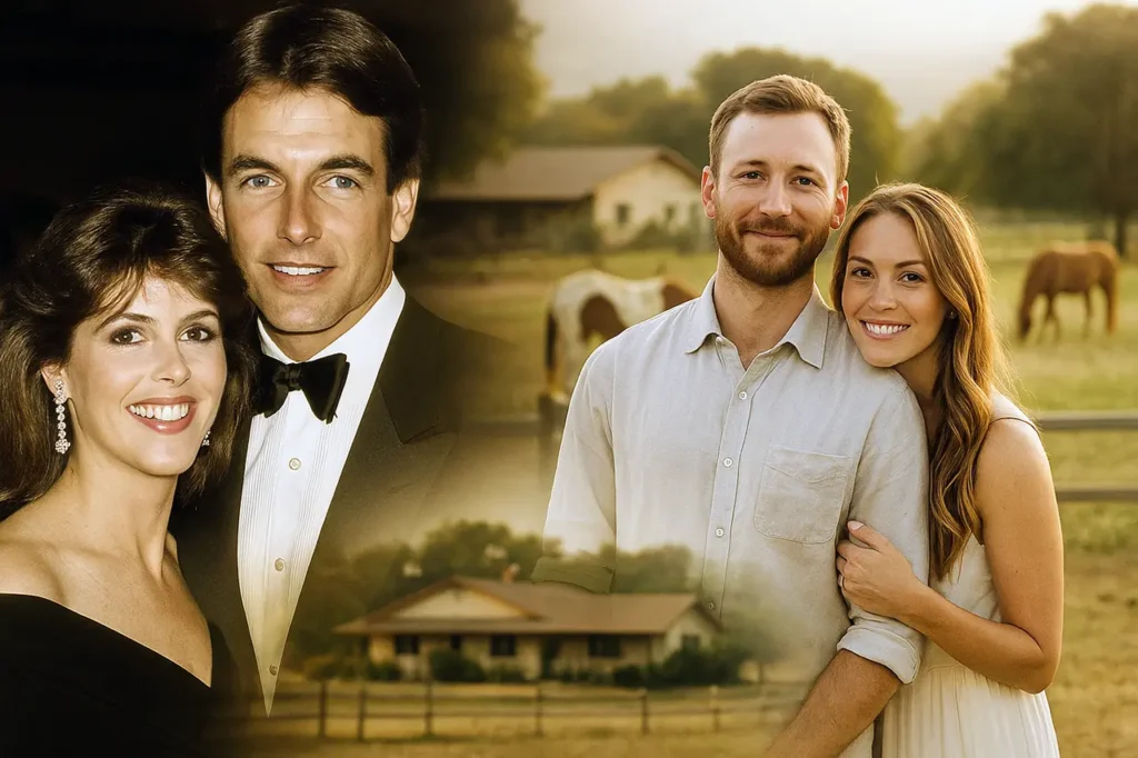 Pam Dawber and Mark Harmon in the 1980s alongside their son Sean Harmon and his wife Courtney Prather at a ranch, representing their Hollywood family legacy.