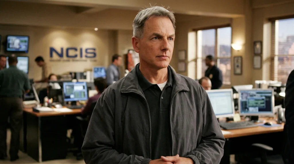A close-up production still from early NCIS showing Mark Harmon as Agent Gibbs looking focused in the NCIS office.