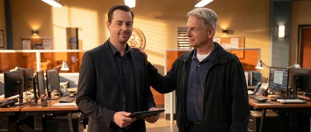 Sean Murray as Timothy McGee and Mark Harmon as Leroy Jethro Gibbs standing together in the NCIS squad room, representing their student-mentor relationship.