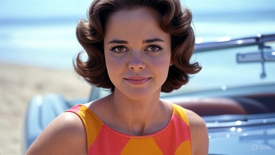 A youthful Sally Field smiling on a beach, wearing a pink and yellow patterned dress, with a convertible car in the background, capturing her early Hollywood charm.