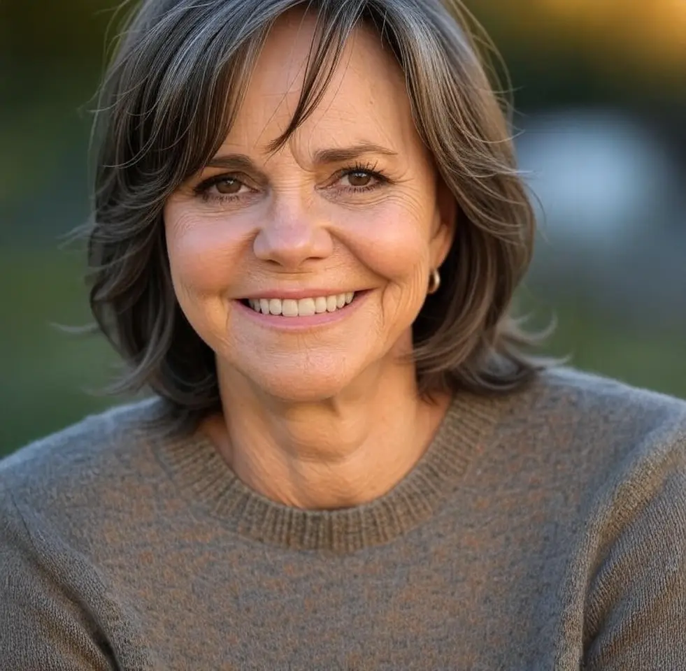 A candid close-up of Sally Field with natural grey hair and a warm smile, wearing a light blue sweater, set against a soft outdoor background.