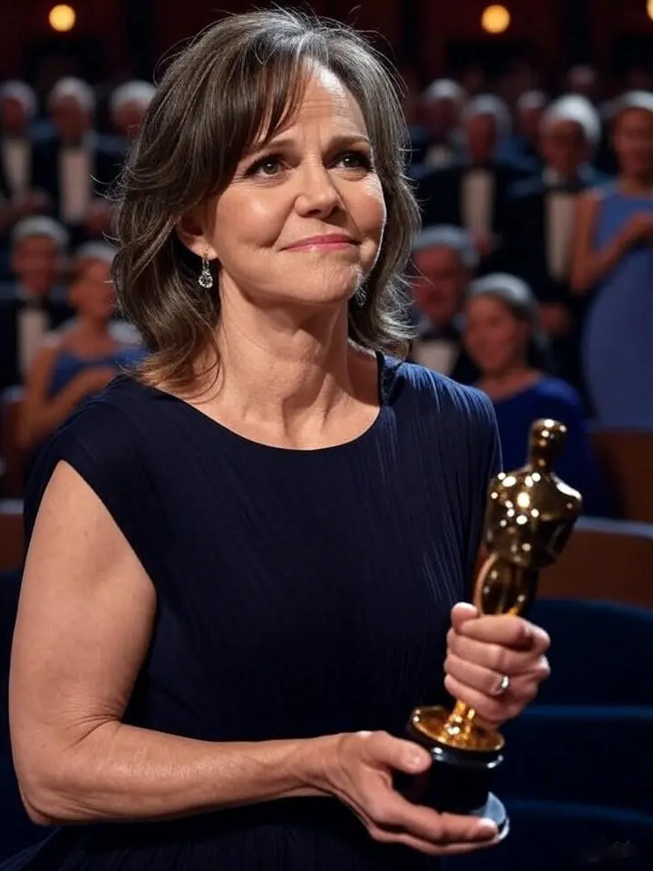 Sally Field smiling proudly while holding an Oscar statuette on stage, wearing a navy dress, with a blurred audience in the background.