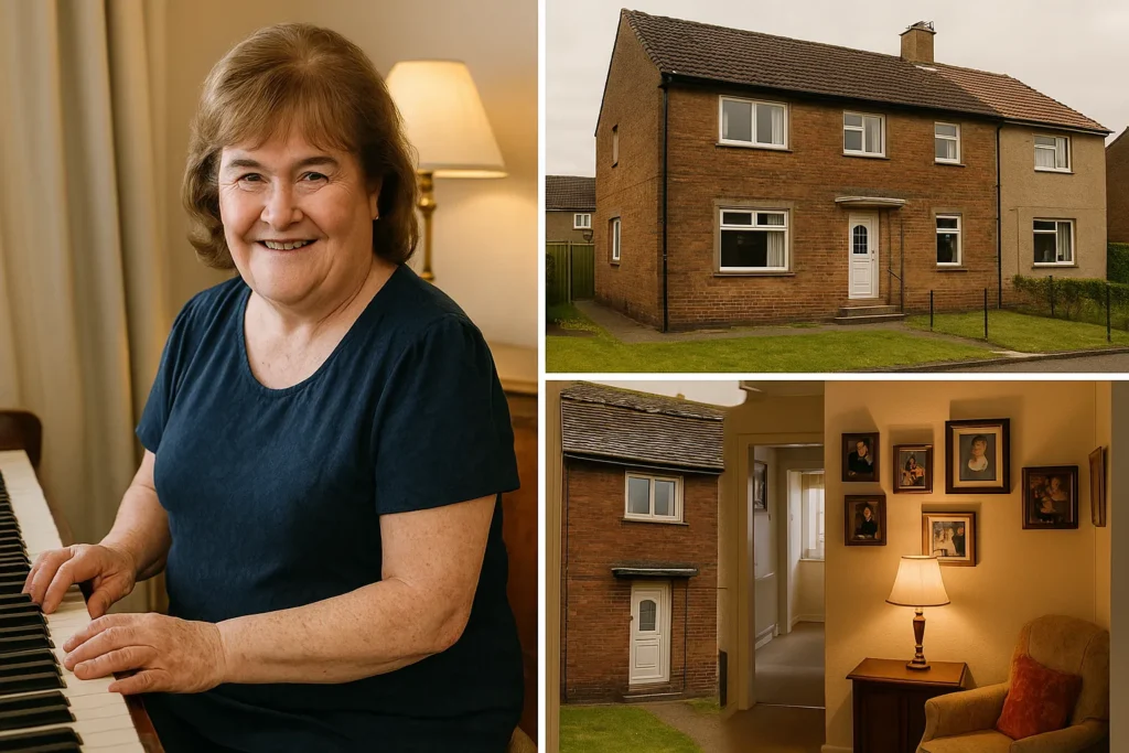A smiling Susan Boyle plays piano in her cozy childhood home, with inset images showing her modest red-brick house exterior and a warmly lit hallway filled with family portraits.