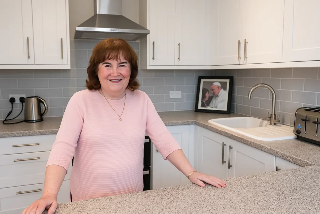 Susan in her modern kitchen, where a framed photo of her meeting Pope Francis sits quietly by the sink.