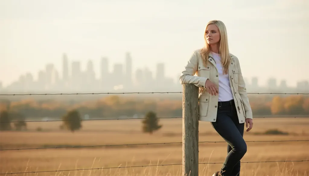Cindy leaning on a fence with a distant skyline haze
