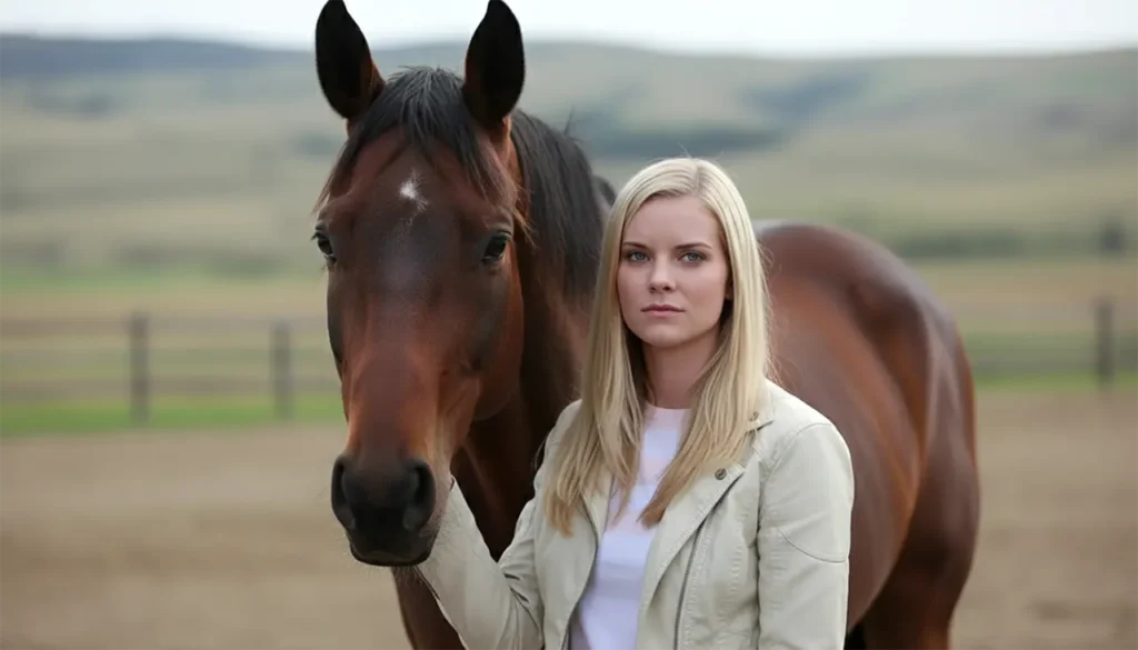 Cindy Busby standing beside a calm chestnut horse in a paddock, soft daylight
