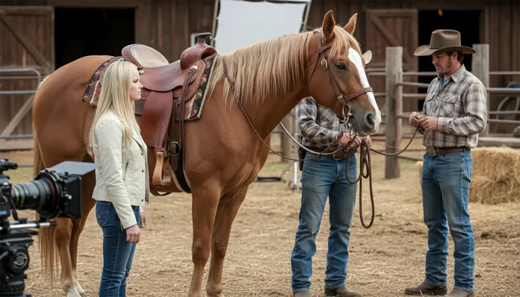 Horse wranglers adjusting tack beside camera carts