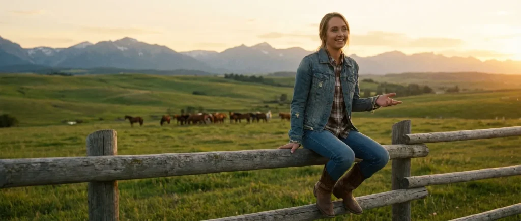 Amber Marshall sitting on a wooden fence on an Alberta ranch during golden hour, wearing country attire. Header image for article about the Heartland star's interview on the Time Has Come podcast regarding balancing fame and farm life.
