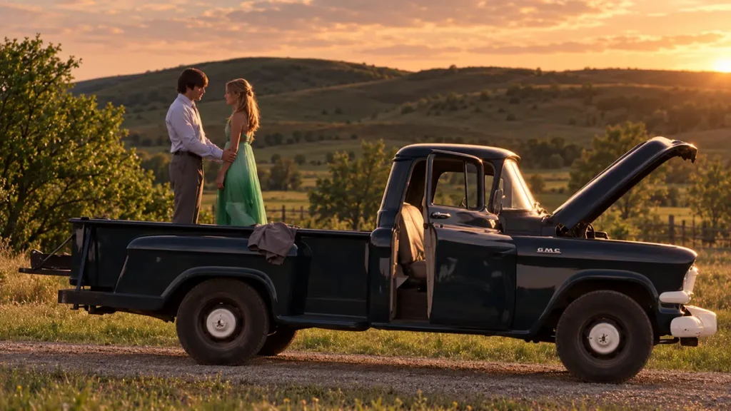 Amy Fleming and Ty Borden sharing a quiet moment beside a broken-down truck in Heartland