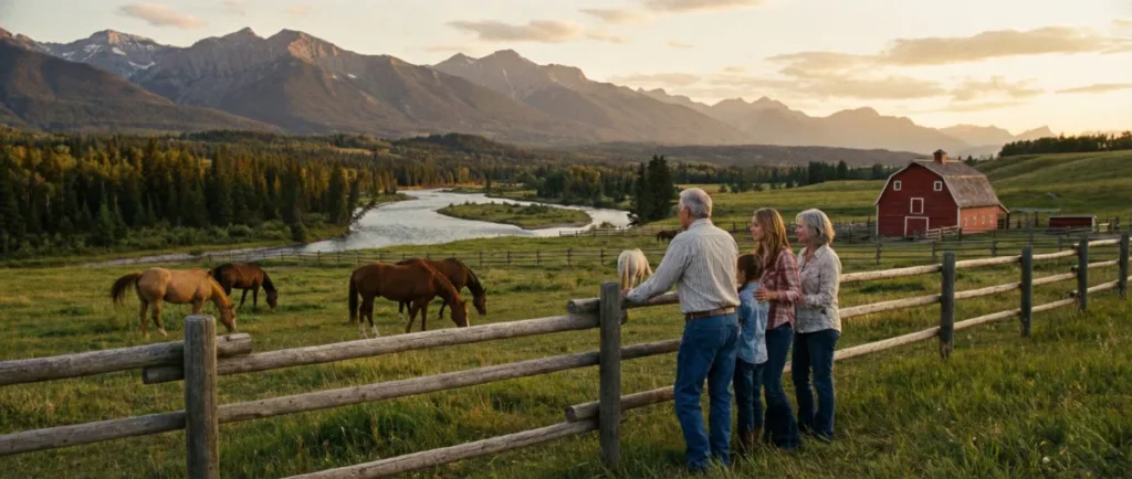 A golden sunset over a rustic ranch fence with horses grazing in the Alberta foothills, symbolizing the warm and comforting atmosphere of the TV show Heartland.