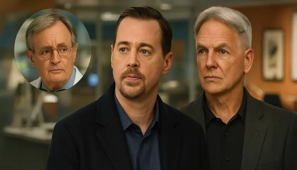 Sean Murray as McGee stands in focus with Gibbs and Ducky in the background, symbolizing his record-breaking episode count on NCIS.