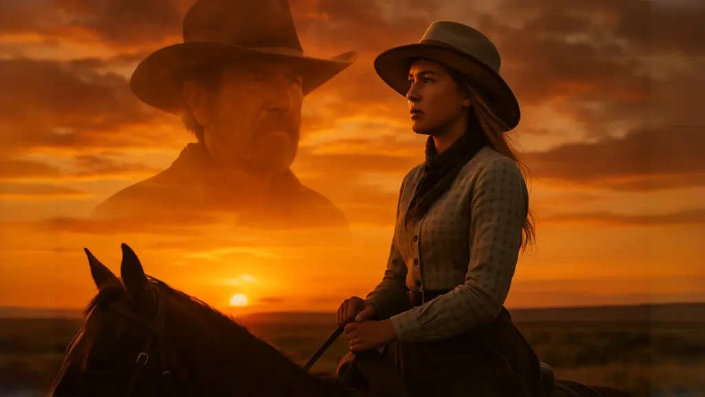 Elsa Dutton on horseback at sunset with her father's ghostly silhouette in the sky, symbolizing the legacy of the Dutton family in 1883 and Yellowstone.