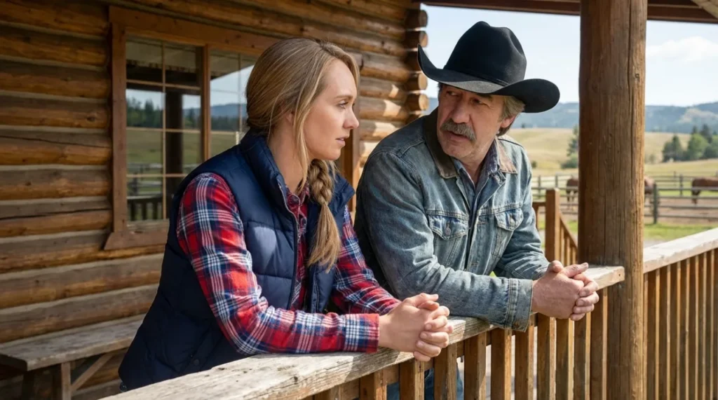 Amber Marshall as Amy Fleming and Shaun Johnston as Jack Bartlett standing on the porch of the Heartland ranch house in Alberta.