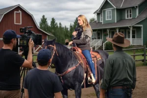 Behind-the-scenes photo of Amber Marshall riding a horse during the filming of Heartland, with a camera crew, red barn, and green ranch house in the background.