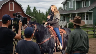 Behind-the-scenes photo of Amber Marshall riding a horse during the filming of Heartland, with a camera crew, red barn, and green ranch house in the background.