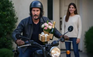 Keanu Reeves arrives on a motorcycle with champagne, flowers, and a gift for Sandra Bullock outside her home.