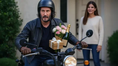 Keanu Reeves arrives on a motorcycle with champagne, flowers, and a gift for Sandra Bullock outside her home.