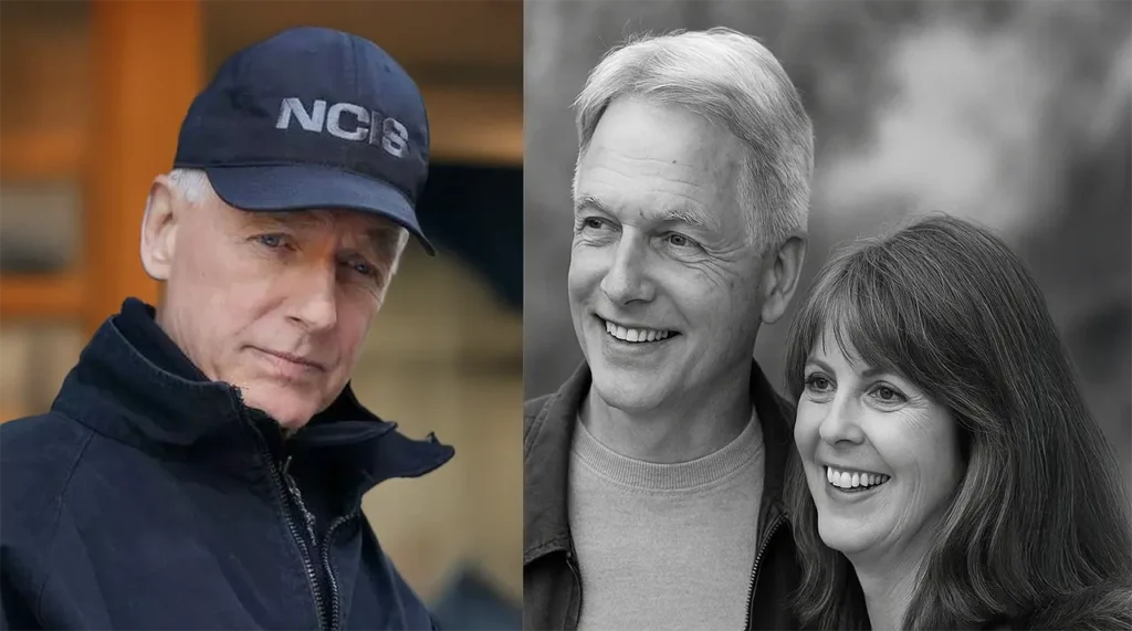 Mark Harmon split image as NCIS Gibbs and with wife Pam Dawber in real life
