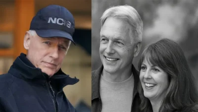 Mark Harmon split image as NCIS Gibbs and with wife Pam Dawber in real life