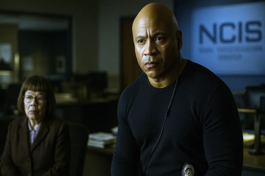 LL Cool J as Sam Hanna sits in a dimly lit NCIS office, with Hetty Lange blurred in the background, hinting at a long-awaited storyline return.