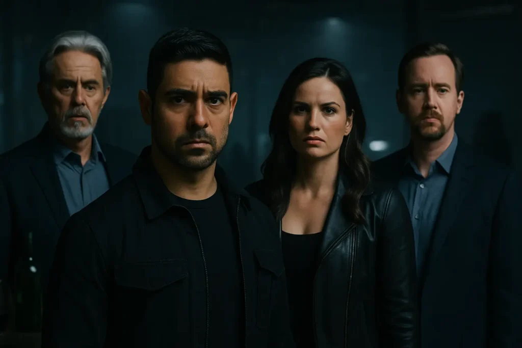 NCIS cast members Nick Torres, Jessica Knight, Alden Parker, and Timothy McGee stand in a dimly lit room, looking serious and intense as they prepare for a revenge mission.