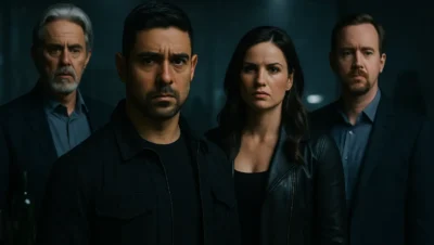 NCIS cast members Nick Torres, Jessica Knight, Alden Parker, and Timothy McGee stand in a dimly lit room, looking serious and intense as they prepare for a revenge mission.