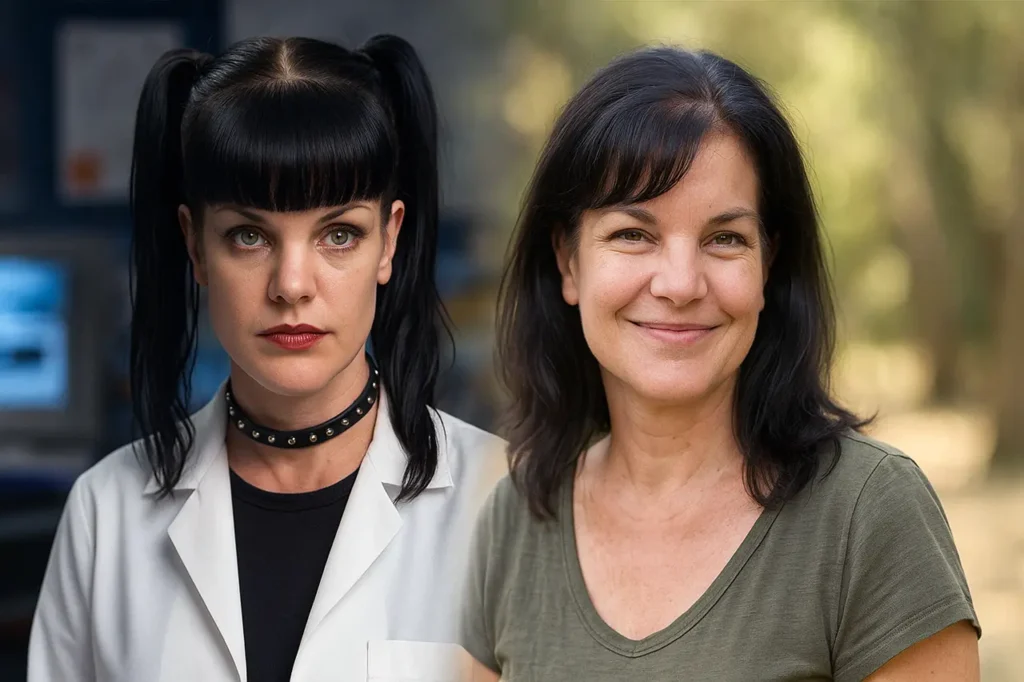 Split image of Pauley Perrette showing her as Abby Sciuto on NCIS and in real life after retiring from acting.