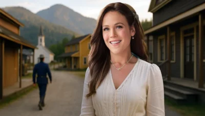 Elizabeth Thornton smiles in Hope Valley at sunset, symbolizing new beginnings in Season 13 of When Calls the Heart.