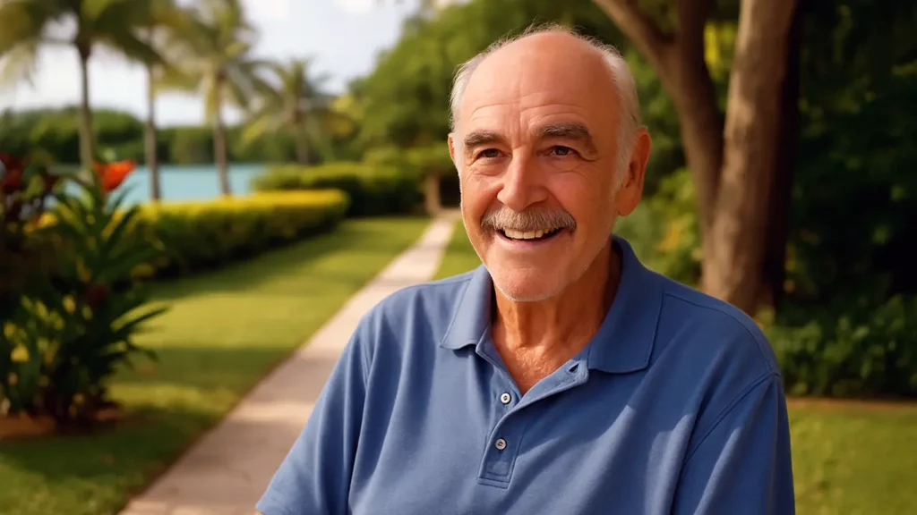 Sean Connery seated outdoors in the Bahamas during retirement
