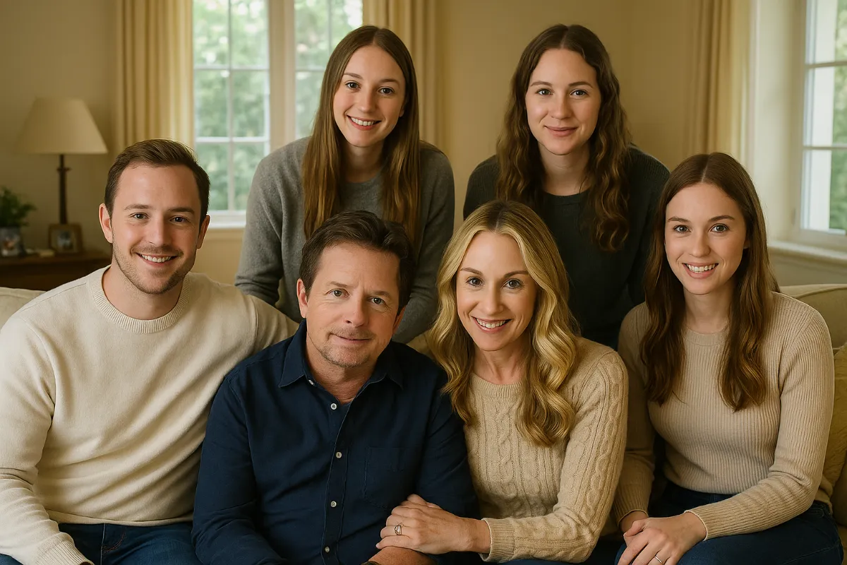 Michael J. Fox and his wife Tracy Pollan smiling with their children in a cozy, sunlit living room.