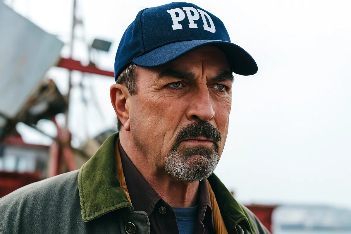 Tom Selleck as Jesse Stone wearing a PPD cap, standing near the docks with a focused, weathered expression.