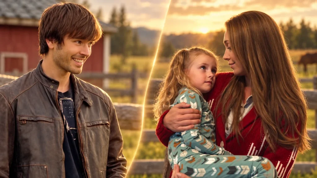Ty Borden beside Amy Fleming holding Lyndy in a split-frame ranch image from Heartland