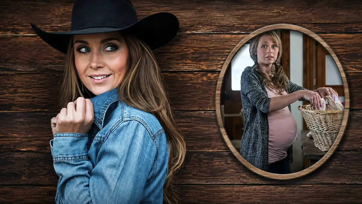 Amber Marshall in her cowboy hat alongside a circular inset showing her visibly pregnant as Amy Fleming on the set of Heartland.