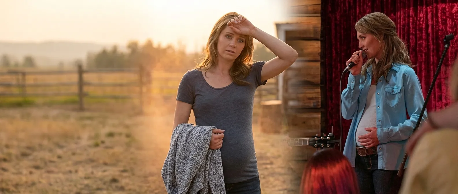 A collage of Amber Marshall portraying a pregnant Amy Fleming on Heartland, showing her in a purple dress and a blue denim shirt while appearing exhausted from the heat.