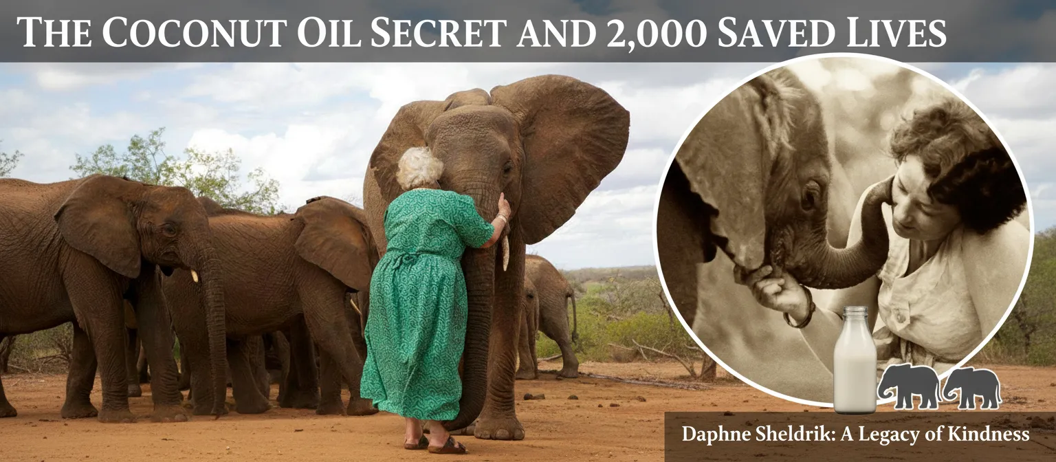 Daphne Sheldrick hugging an adult elephant in the Kenyan wild, with a vintage inset photo of her tenderly caring for a baby elephant.