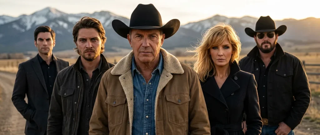 Kevin Costner, Kelly Reilly, Luke Grimes, Wes Bentley, and Cole Hauser stand together on a Montana ranch in a cinematic group portrait inspired by Yellowstone.