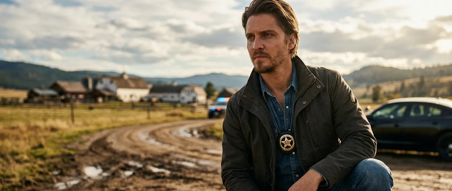 Kayce Dutton in a cowboy hat and rugged jacket wearing a US Marshals badge, standing in front of a ranch with a police car in the background.
