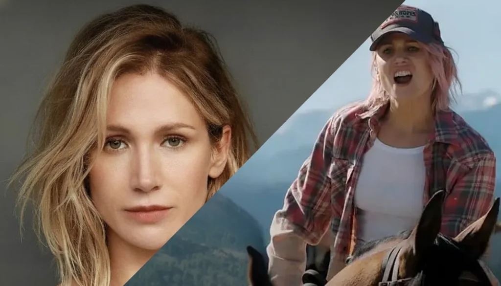 A side-by-side or diagonally split image showing Jennifer Landon in two distinct looks. On the left, she is polished, with styled blonde hair and soft makeup, looking directly at the camera. On the right, she is as her character Teeter from Yellowstone, with pink hair, a baseball cap, plaid shirt, and an expressive, yelling face while riding a horse in a natural, outdoor setting. The image highlights the stark transformation between actress and character.