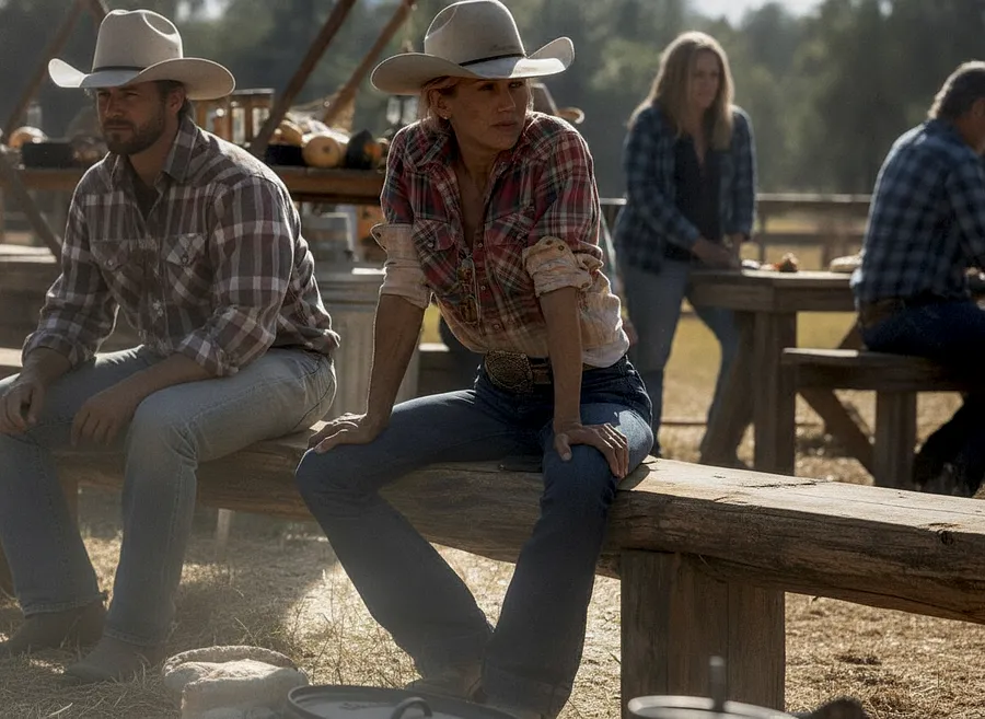 Teeter from Yellowstone, wearing a cowboy hat and plaid shirt, sits on a wooden bench at a ranch, with other characters in the background.
