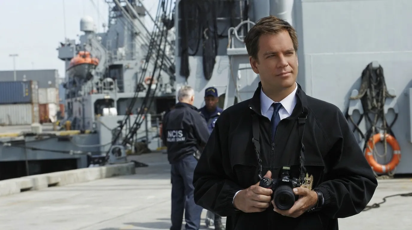 Michael Weatherly in character as Tony DiNozzo, holding a camera and wearing his NCIS badge on set.